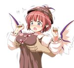  1girl animal_ears bird_wings blush breast_grab breasts grabbing grabbing_from_behind groping hat large_breasts motion_lines mystia_lorelei nail_polish open_mouth phantom2071 pink_eyes pink_hair short_hair simple_background solo_focus surprised touhou white_background wings 