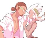  1boy 1girl blush brown_hair burnet_(pokemon) dark_skin eye_contact facial_hair glasses goatee hair_bun husband_and_wife kukui_(pokemon) labcoat looking_at_another pectorals pokemon pokemon_(game) pokemon_sm sally_(luna-arts) smile upper_body white_hair 