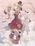  artist_name asymmetrical_hair bat blonde_hair blue_skin boots brown_eyes collar corset frilled_collar frills full_body hair_over_one_eye halloween happy_halloween hat hat_ribbon idolmaster idolmaster_cinderella_girls kyo_(kyokuto016) long_sleeves looking_at_viewer mini_hat patches puffy_shorts ribbon shirasaka_koume short_hair shorts signature sleeves_past_wrists solo star starry_background stitches striped striped_legwear top_hat 