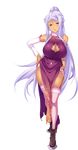  absurdres blue_eyes boots breasts china_dress chinese_clothes cleavage cleavage_cutout dark_skin detached_sleeves dress full_body hands_on_hips highres hikage_eiji koihime_musou kougai large_breasts lavender_hair long_hair looking_at_viewer mole mole_under_mouth official_art pelvic_curtain ponytail sidelocks silver_hair sleeveless smile solo standing thighhighs transparent_background very_long_hair 