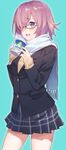  :d aqua_background black-framed_eyewear black_jacket blazer blue_eyes blue_skirt blush breasts breath buttons coffee_cup cowboy_shot cup disposable_cup eyelashes fate/grand_order fate_(series) glasses hair_over_one_eye haru_(hiyori-kohal) holding jacket long_sleeves looking_at_viewer mash_kyrielight medium_breasts miniskirt open_mouth pleated_skirt pocket product_placement purple_hair scarf school_uniform shiny shiny_hair short_hair simple_background skirt sleeves_past_wrists smile solo steam sweater white_scarf 