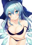  1girl alternate_breast_size alternate_hair_length alternate_hairstyle bare_shoulders bikini blue_bikini blue_bow blue_eyes blue_hair blush bow breast_hold breasts cirno clenched_teeth collarbone commentary_request cowboy_shot eyebrows_visible_through_hair hair_between_eyes hair_bow heart heart-shaped_pupils highres ice ice_wings large_breasts leaning_forward long_hair navel nenobi_(nenorium) signature simple_background solo stomach strap_slip swimsuit symbol-shaped_pupils teeth thigh_gap touhou white_background wings 