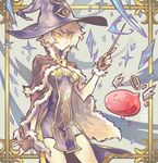  :3 angel_wings angeling arlmuffin blonde_hair border breasts breasts_apart cape cowboy_shot dress fingerless_gloves fur-trimmed_gloves fur_cape fur_trim gloves glowing glowing_eyes halo hat high_wizard holding holding_wand looking_at_another orange_eyes purple_dress ragnarok_online red_gloves short_dress short_hair small_breasts sweat wand wings witch_hat 