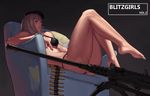  ass bandolier barefoot beret bikini blonde_hair brown_eyes browning_m2 bullet chair clenched_teeth gun hat highres military mouth_hold muscle original plantar_flexion scar seung_mo_kim sitting solo swimsuit teeth weapon 