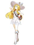  blonde_hair dress frown full_body genzoman green_eyes hat lillie_(pokemon) long_hair looking_at_viewer poke_ball poke_ball_(generic) pokemon pokemon_(game) pokemon_sm solo sun_hat 