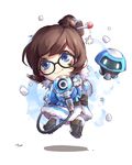  black-framed_eyewear blue_eyes blush_stickers brown_hair chibi coat floating full_body fur-trimmed_coat fur_trim glasses gun hair_bun hair_ornament hair_stick highres mei_(overwatch) overwatch short_hair simple_background smile snowball_(overwatch) solo tracyton weapon white_background 