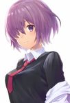  black_sweater breasts closed_mouth collared_shirt fate/grand_order fate_(series) glasses hair_over_one_eye haru_(hiyori-kohal) looking_at_viewer mash_kyrielight medium_breasts necktie off_shoulder purple_eyes purple_hair red_neckwear school_uniform shirt short_hair simple_background smile solo sweater upper_body white_background white_shirt 