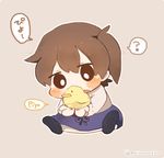  ? animal animal_on_hand bird blush brown_background brown_hair chibi chick commentary ina_(1813576) japanese_clothes kaga_(kantai_collection) kantai_collection long_sleeves side_ponytail simple_background sitting solo spoken_question_mark translated twitter_username younger 