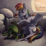  2016 ambiguous_gender badday28 blue_fur book cloud cutie_mark duo equine feral friendship_is_magic fur gor1ck hair inside mammal melee_weapon multicolored_hair multicolored_tail my_little_pony pillow rainbow_dash_(mlp) rainbow_hair rainbow_tail reptile scalie sword tank_(mlp) tortoise turtle weapon window 
