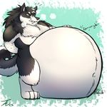  2016 4_toes anthro belly belly_expansion big_belly biped black_fur black_nose black_tail canine chest_tuft claws digital_media_(artwork) digitigrade fangs fluffy fluffy_tail full-length_portrait fur green_background green_eyes hand_behind_back head_tuft hi_res hyper hyper_belly inflation looking_away male mammal multicolored_fur navel nipples nude onomatopoeia overweight overweight_male pink_nipples portrait shiro_takeshi signature simple_background solo sound_effects tanio toe_claws toes tuft two_tone_fur two_tone_tail were werewolf white_fur white_tail 
