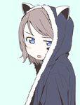  :p animal_hood aqua_background blue_background blue_eyes blush_stickers brown_hair cat_hood facial_mark from_side gamjolno grey_hair highres hood hoodie looking_at_viewer love_live! love_live!_sunshine!! short_hair simple_background solo tongue tongue_out upper_body v-shaped_eyebrows watanabe_you 
