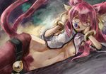  1girl animal_ears bell belt blazblue bracelet breasts candy cat_ears cat_tail fang female glasses groin hair_between_eyes hips jewelry kokonoe lollipop long_hair looking_at_viewer lying midriff multiple_tails navel nipple_slip no_bra no_panties open_fly open_mouth petite pince-nez pink_hair pubic_hair red_eyes red_pants slit_pupils small_breasts tail yellow_bow yohane 