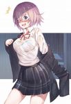  1girl :d black-framed_eyewear black_jacket black_skirt blazer bra collared_shirt cowboy_shot dress_shirt dripping embarrassed fate/grand_order fate_(series) glasses hair_over_one_eye haru_(hiyori-kohal) jacket long_sleeves looking_at_viewer mash_kyrielight miniskirt neck_ribbon off_shoulder open_blazer open_clothes open_jacket open_mouth plaid plaid_skirt pleated_skirt projected_inset purple_eyes purple_hair red_ribbon ribbon school_uniform see-through shade shirt short_hair skirt smile solo surprised underwear undressing wavy_mouth wet wet_clothes wet_shirt wet_skirt white_shirt 