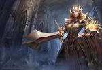  armor armored_dress backlighting blue_eyes boobplate breastplate breasts chuby_mi dust dust_cloud ear_protection foreshortening gem glowing glowing_shield head_wings headpiece highres holding holding_sword holding_weapon indoors league_of_legends leona_(league_of_legends) long_hair looking_at_viewer medium_breasts orange_hair pelvic_curtain pillar pointing realistic rubble ruins shield shoulder_armor solo spaulders standing sunlight sword watermark weapon web_address 