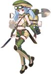  aquaplus backpack bag blue_hair boots bou dungeon_travelers_2 fingerless_gloves full_body gloves hat highres holding holding_weapon knife long_hair midriff navel red_eyes shorts shovel solo thigh_boots thighhighs transparent_background tsurara_(dungeon_travelers_2) weapon 