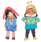  1boy 1girl 3: ^_^ animal_hat animal_print bag bangs black_eyes black_hair black_pants blush brown_footwear brown_hair brown_scarf bunny_hat bunny_print buttons cardigan cat_print character_print child closed_eyes clothes_grab coat d.va_(overwatch) dark_skin dark_skinned_male drawstring eyelashes full_body fur-trimmed_jacket fur_trim grin hair_ornament hairclip hairlocs hands_in_pockets happy hat head_tilt jacket legs_apart light_smile long_hair long_sleeves looking_at_viewer looking_to_the_side lucio_(overwatch) muyihui overwatch pants pink_pants pocket pom_pom_(clothes) print_hat scarf shoes shoulder_bag simple_background sleeves_past_wrists smile standing swept_bangs white_background winter_clothes yellow_footwear younger 