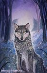  canine detailed_background feral firefly forest fur grass kotenokgaff looking_at_viewer mammal nature night traditional_media_(artwork) tree wolf 