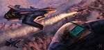  afterburner aircraft airplane chair cloud cloudy_sky cockpit condensation_trail evening fighter_jet flying gloves helmet highres jacket jet landscape long_sleeves mikemars military military_vehicle mountain original pilot realistic science_fiction signature sky snow 