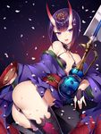  absurdres ass bad_id bad_pixiv_id bare_shoulders belly_peek blade bottle breasts collarbone cup fangs fate/grand_order fate_(series) fingerless_gloves gem gloves hair_ornament highres horns japanese_clothes kimono kimono_pull looking_at_viewer may_(2747513627) navel obi oni oni_horns open_mouth petals purple_eyes purple_hair revealing_clothes sakazuki sake_bottle sash short_hair shuten_douji_(fate/grand_order) small_breasts solo thick_eyebrows thighhighs thighs tongue tongue_out 
