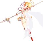  angel angel_wings ass bell blonde_hair boots commentary_request detached_sleeves dev from_behind green_eyes halo highres holding holding_weapon knee_up leotard looking_at_viewer looking_back original partial_commentary polearm short_hair_with_long_locks simple_background solo spear thighs weapon white_background white_footwear white_leotard white_sleeves wings 