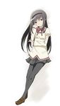  against_wall akemi_homura black_hair black_legwear elbow_on_arm hairband highres kinfuji leaning loafers long_hair mahou_shoujo_madoka_magica mahou_shoujo_madoka_magica_movie pantyhose purple_eyes school_uniform shoes simple_background solo soul_gem white_background 