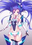  ass_visible_through_thighs bare_shoulders blue_hair breasts breasts_apart covered_navel cowboy_shot elbow_gloves floating_hair gloves headgear highres holding holding_sword holding_weapon kazanari_tsubasa leotard long_hair looking_at_viewer medium_breasts one_side_up open_mouth purple_eyes senki_zesshou_symphogear shiny shiny_clothes shiny_hair shiny_skin skin_tight solo standing sword teeth thigh_gap thighhighs thighs weapon zeolch 