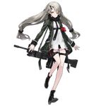  armband belt bipod black_scarf carrying carrying_over_shoulder eyebrows full_body girls_frontline green_jacket grey_eyes grey_hair gun h&amp;k_mg4 hair_ornament hairclip heckler_&amp;_koch holster jacket long_hair long_legs looking_at_viewer machine_gun mg4_(girls_frontline) necktie neco official_art parted_lips scarf shirt shorts skinny solo standing standing_on_one_leg star star_print strap symbol thigh_holster transparent_background twintails weapon white_shirt 