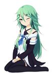  ;) alternate_hairstyle bangs between_legs black_legwear black_serafuku black_skirt blue_neckwear blush closed_mouth collarbone detached_sleeves eyebrows_visible_through_hair full_body green_eyes green_hair hair_between_eyes hair_down hair_ornament hairclip halterneck hand_between_legs highres kantai_collection long_hair looking_away md5_mismatch neckerchief no_hair_bow no_shoes off_shoulder one_eye_closed parted_bangs pleated_skirt rumaki school_uniform serafuku sidelocks simple_background sitting skirt sleeves_past_wrists smile solo thighhighs wariza white_background yamakaze_(kantai_collection) 