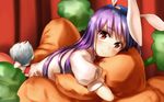  animal_ears bangs bunny_ears bunny_tail carrot_pillow closed_mouth eyebrows_visible_through_hair lavender_hair long_hair looking_at_viewer lying on_stomach pillow pillow_hug puffy_short_sleeves puffy_sleeves purple_hair red_eyes reisen_udongein_inaba shirt short_sleeves signature skirt smile solo tail touhou welt_(kinsei_koutenkyoku) 