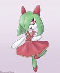  2016 alasou ambiguous_gender clothed clothing dress green_hair hair hair_over_eye hi_res humanoid kirlia looking_at_viewer nintendo open_mouth open_smile pok&eacute;mon red_eyes simple_background smile solo video_games 