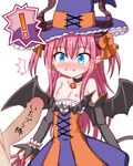  /\/\/\ 1girl bangs bare_shoulders bat_wings blue_eyes blush bow collar collarbone cowboy_shot detached_sleeves dress dress_pull earrings elizabeth_bathory_(fate) elizabeth_bathory_(fate)_(all) elizabeth_bathory_(halloween)_(fate) eyebrows_visible_through_hair fangs fate/grand_order fate_(series) flat_chest hair_between_eyes halloween halloween_costume hat horns inasaki_shirau jewelry long_hair nipples nose_blush orange_bow out_of_frame penis pink_hair pointy_ears ribbon sidelocks simple_background solo_focus striped striped_dress surprised tail two_side_up wavy_mouth white_background wings witch_hat 
