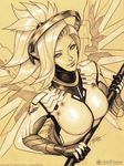  2016 artist_name bodysuit breasts dated emblem eyelashes graphite_(medium) high_ponytail highres holding holding_staff lips looking_at_viewer mechanical_halo mechanical_wings medium_breasts mercy_(overwatch) michelle_hoefener monochrome nose overwatch parted_lips patreon_logo patreon_username signature simple_background sketch smile solo spread_wings staff traditional_media upper_body watermark web_address wings yellow yellow_background 