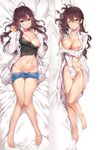  ;) ahoge barefoot blue_eyes blue_shorts bottomless breasts breasts_outside cleavage closed_mouth collarbone covering covering_crotch dakimakura earrings from_above full_body groin hair_between_eyes head_tilt highres ichinose_shiki idolmaster idolmaster_cinderella_girls jewelry knees_together_feet_apart large_breasts long_sleeves looking_at_viewer lying multiple_views navel nipples on_back on_side one_eye_closed open_clothes open_shirt pink_lips see-through shiny shiny_skin shirt shorts shorts_pull smile stomach tank_top wet wet_clothes wet_shirt white_shirt yuran 