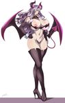  1girl abs areola areolae artist_name bare_shoulders bat_wings blue_eyes blush breasts curvy full_body gensou_suikoden gensou_suikoden_v hair_over_one_eye halloween hand_on_hip high_heel_boots high_heels highres horns huge_ass huge_breasts jeane legs lips lipstick long_hair long_legs looking_at_viewer makeup nipples purple_hair silver_hair simple_background solo standing succubus tail thick_thighs thigh_boots thighs very_long_hair wavy_hair white_background wide_hips wings zetarok 
