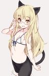  animal_ears bikini_top black_legwear blonde_hair breasts cat_ears cat_tail crotch_seam front-tie_top glasses kawata_hisashi long_hair looking_at_viewer open_mouth pantyhose perrine_h_clostermann simple_background sketch small_breasts smile solo strike_witches tail world_witches_series yellow_eyes 