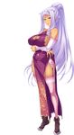  absurdres bare_shoulders blue_eyes boots breasts china_dress chinese_clothes crossed_arms dark_skin detached_sleeves dress full_body garter_belt highres hikage_eiji koihime_musou kougai large_breasts lavender_hair lipstick long_hair looking_at_viewer makeup mole mole_under_mouth official_art ponytail smile solo standing thighhighs transparent_background very_long_hair 