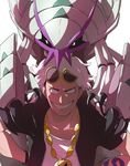  absurdres artist_name baku325 black_hair bracelet eyewear_on_head gen_7_pokemon golisopod guzma_(pokemon) highres jewelry male_focus multicolored_hair necklace pokemon pokemon_(game) pokemon_sm simple_background solo sunglasses tattoo teeth two-tone_hair white_background white_hair 