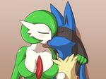  aoinu big_breasts breasts eyes_closed female gardevoir hand_on_shoulder kissing lucario male male/female nintendo pok&eacute;mon simple_background video_games 