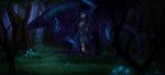  2013 blue_hair clothed clothing detailed_background dragon duo female feral forest glowing glowing_eyes grass hair human mammal membranous_wings neytirix night nude outside standing tree wings 
