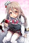  :d black_footwear boots bottle breasts brown_skirt cup drinking_glass drunk eyebrows_visible_through_hair eyes_visible_through_hair grey_hair hat holding holding_cup kantai_collection long_hair long_sleeves looking_at_viewer looking_up medium_breasts on_bed open_mouth orange_eyes pink_background pola_(kantai_collection) red_wine skirt sleeves_past_wrists smile solo spill stain thick_eyebrows thighhighs tilted_headwear uousa-ou white_legwear wine_bottle wine_glass 