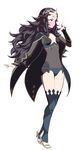  absurdres artist_request black_hair bodysuit breasts cape facial_mark fire_emblem fire_emblem_if forehead_mark full_body hair_ornament highres long_hair navel nyx_(fire_emblem_if) panties red_eyes revealing_clothes simple_background small_breasts solo standing thighhighs underwear very_long_hair white_background 