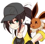  bangs baseball_cap black_gloves black_hair blush breasts cleavage collarbone commentary_request eevee female_protagonist_(pokemon_go) gen_1_pokemon gloves green_eyes hair_between_eyes hat jacket kujou_ichiso large_breasts pokemon pokemon_(creature) pokemon_go ponytail simple_background sleeves_rolled_up smile solo white_background 