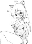  1girl :t animal_ears bell_collar camel_(dansen) cat_ears cleavage collar female long_hair monochrome neko_majo original solo 