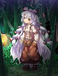  ankle_boots armband bamboo bamboo_forest boots creature dress_shirt fingernails forest fujiwara_no_mokou full_body glowing glowing_eyes grass hair_ribbon hand_in_pocket head_tilt highres kunai lantern leaf long_hair long_sleeves looking_at_viewer nature night ofuda open_pants outdoors pants paper_lantern piyodesu red_eyes ribbon shirt smile solo standing suspenders touhou very_long_hair weapon white_hair 