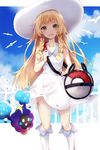  arisaka_ako bag bangs blonde_hair blunt_bangs blush braid cloud cloudy_sky cosmog day dress duffel_bag gen_3_pokemon gen_7_pokemon green_eyes hat highres lillie_(pokemon) long_hair open_mouth pokemon pokemon_(creature) pokemon_(game) pokemon_sm sky sleeveless sleeveless_dress sun_hat twin_braids white_dress white_hat wingull 