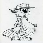  avian bird black_and_white bottomless clothed clothing corvid feathered_wings feathers female full-length_portrait hat holster line_art monochrome petrock portrait raven semi-anthro solo standing winged_arms wings 