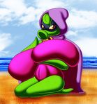  beach big_breasts breasts chaossabre clothing female flora_fauna green_shadow_(plants_vs_zombies) hood huge_breasts hyper hyper_breasts mask plant plants_vs_zombies purple_eyes seaside solo swimsuit 