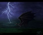  2012 ambiguous_gender black_bars claws detailed_background dragon feral grass green_eyes horn lightning membranous_wings neytirix night outside sky solo standing wings 