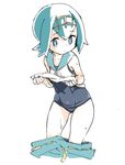  blue_eyes blue_hair blue_sailor_collar done_(donezumi) hairband one-piece_swimsuit pokemon pokemon_(game) pokemon_sm protected_link sailor_collar school_swimsuit short_hair simple_background solo suiren_(pokemon) swimsuit swimsuit_under_clothes trial_captain white_background 