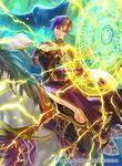  bird book breasts cleavage company_name copyright_name crow dress earrings elbow_gloves fire_emblem fire_emblem:_rekka_no_ken fire_emblem_cipher gloves horse horseback_riding jewelry kita_senri large_breasts magic_circle official_art purple_eyes purple_hair riding short_hair side_slit smile solo ursula_(fire_emblem) 